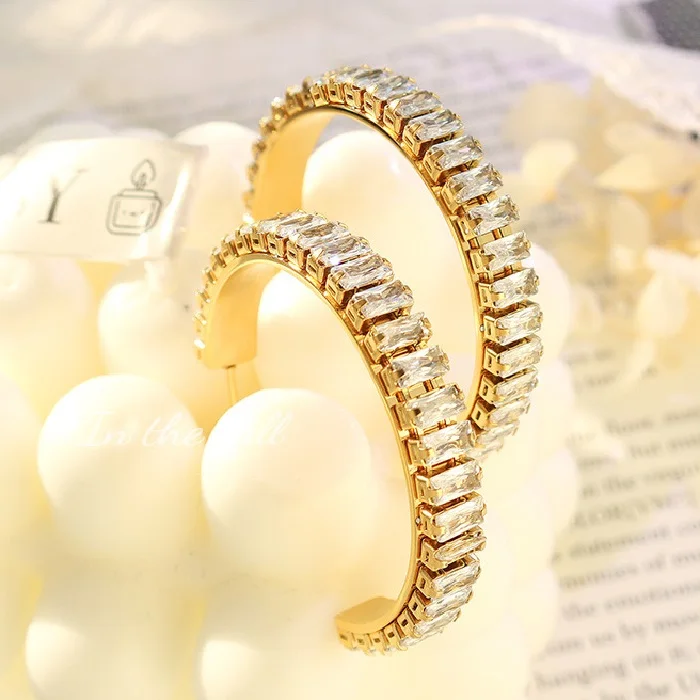 Luxury gold plated stainless steel hoop earring c shape bling earrings studs round cubic zirconia bezel setting accesorios mujer