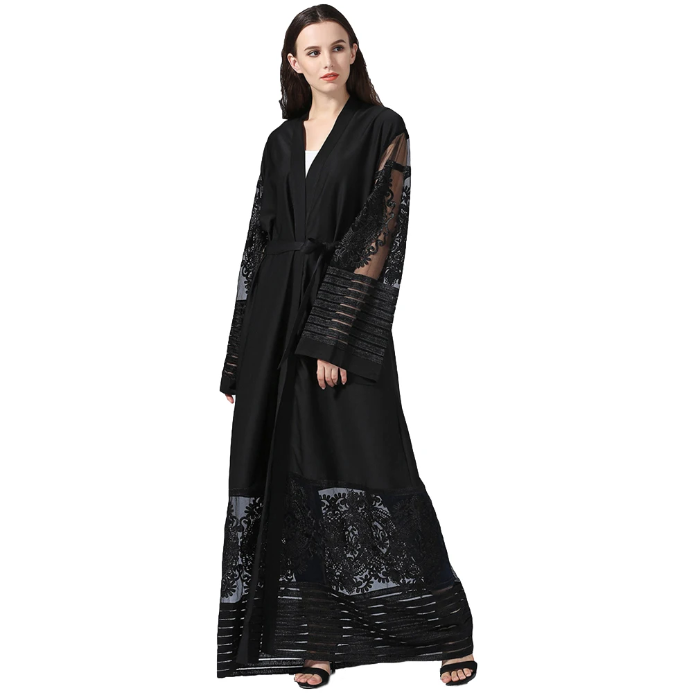 

Kebaya Kimono Kaftan Muslim Fashion Women Embroidery Mesh Cardigan Dubai Open Abaya Robe Dress, Purple/blue/black/gray