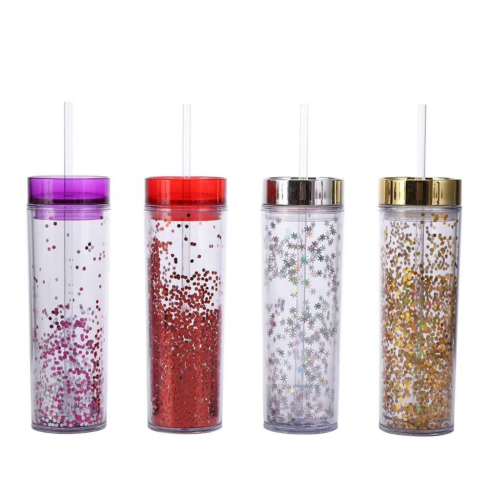 

14oz 16 oz white classic double wall acrylic skinny glitter plastic tumbler cups with lid and straw, Any color is available