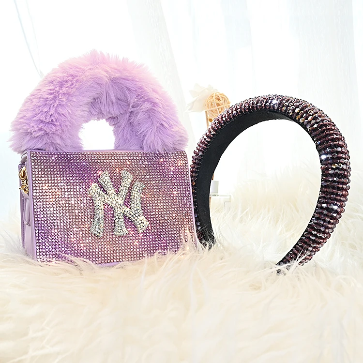 

2021 luxury fashionable headband and purse set matching fur purse and headbands sets, 13 colours