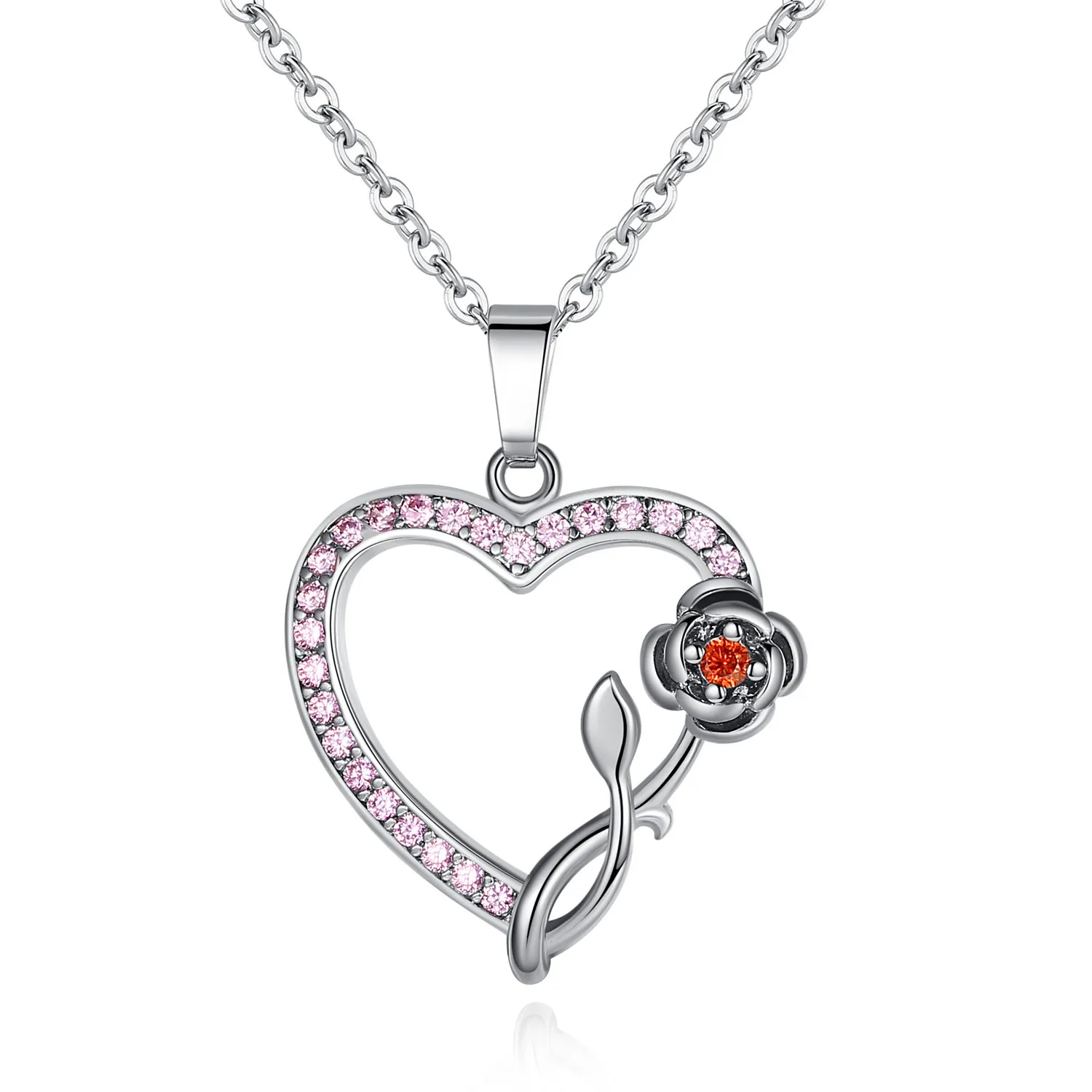 

Fashion Heart Pendant Necklace Pink Diamond Rose Flower Inlaid Zircon Necklaces For Women Christmas Gift, Picture shows