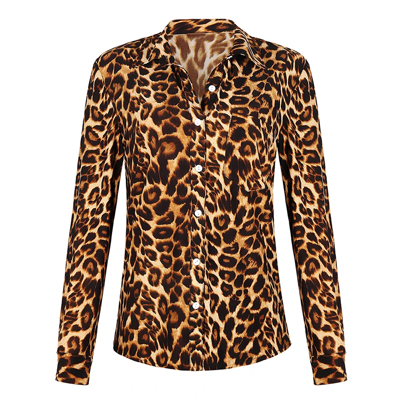 

Fashion Stretch Designer Shirts Leopard Print Long Sleeve Satin Blouse for Women, Shown