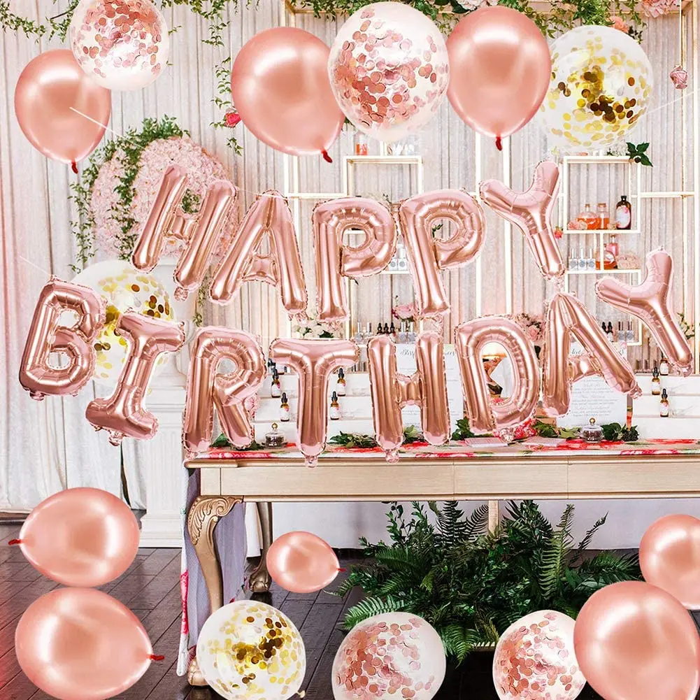 ballon de décorations de bannière joyeux anniversaire ballons de confettis en or rose décoration fille d'anniversaire AnCoSoo décoration d'anniversaire décoration en or rose 