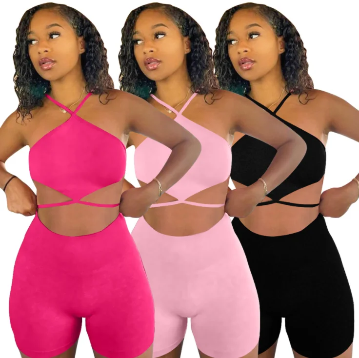 

Women's solid color sexy tank top shorts two-piece suit with double straps polyester short pants two piece