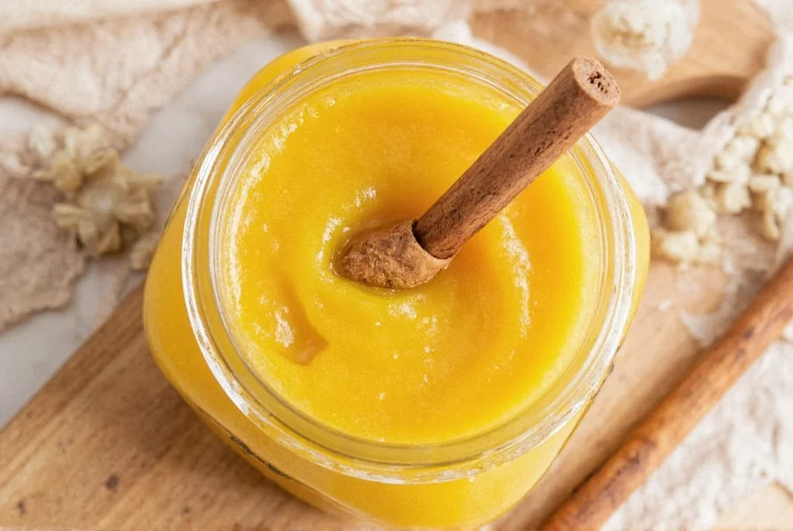 Golden honey turmeric ginger cinnamon drink in a white ceramic mug with fresh ingredients