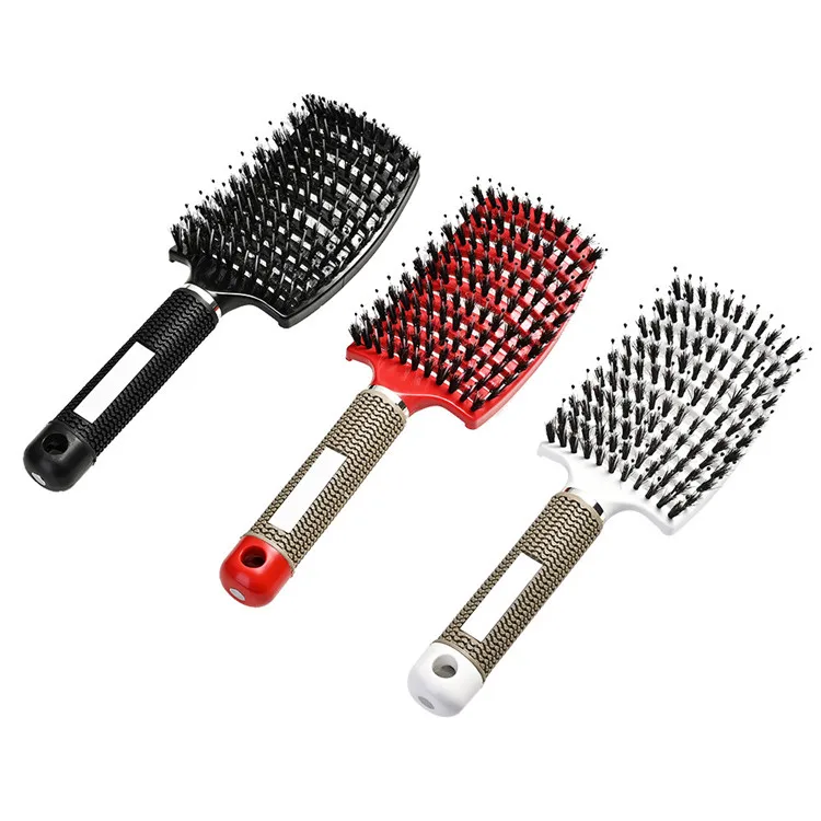Super Beautiful Natural Extensions Curved Paddle Plastic With Nylon Bristle For Hair Brush Detangling, White, black,red,pink, customized color accepted