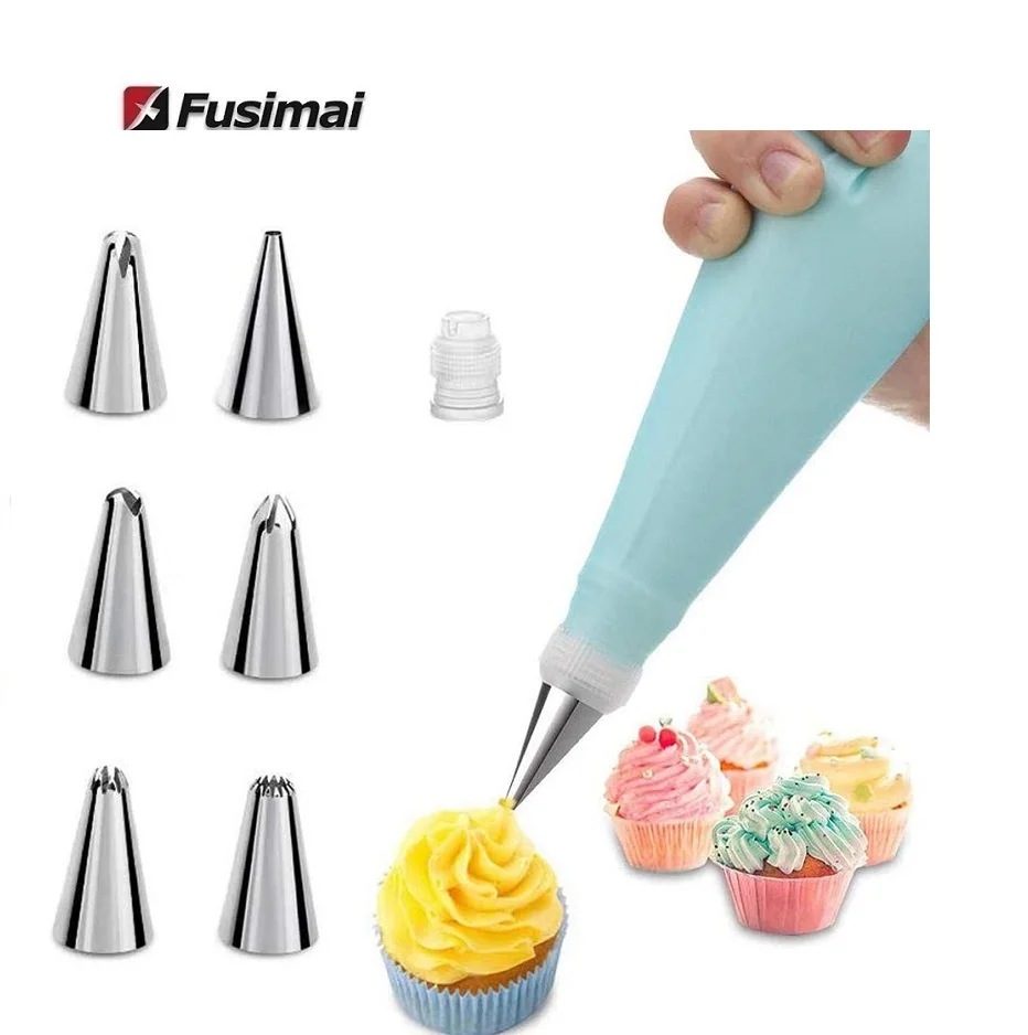 

Fusimai Piping Bag Cake Supplies Kit Cupcake Icing Pastry Cream Tip Baking Tool Decorating Nozzle 8 Pieces/set