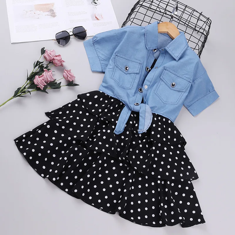 

New Style Summer Short Sleeve Denim Jacket Polka Dot Slip Kids Girls Dress