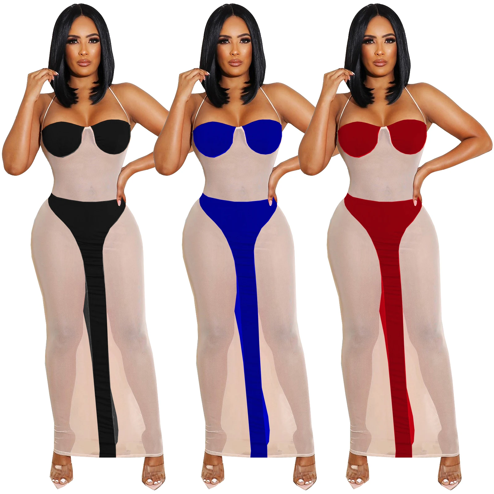 

Maxi Dress Club Dress Women Sexy Casual Straps Stitching Mesh Nightclub Summer Long Dress