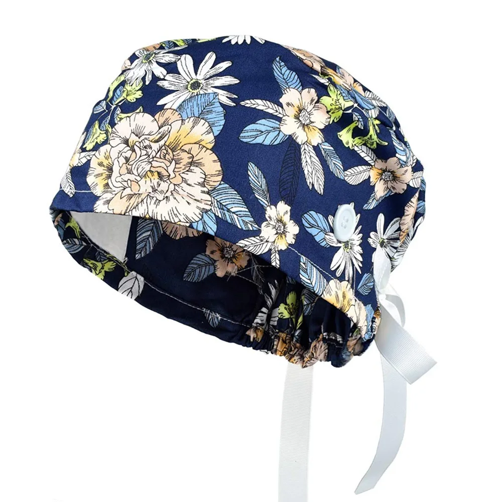 

Cotton Floral Print Working Cap With Buttons Ribbons Tie Back Scrub Cap, Solid dyed&printed