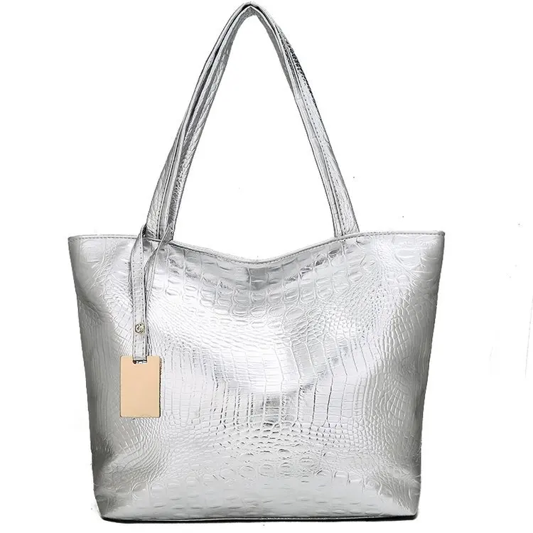 

Metal Plate Tassel PU Handbag Women Fashion Black Metallic Gold Silver Crocodile Texture Large Tote Bag Handbags Shoulder Bag, 3 choices