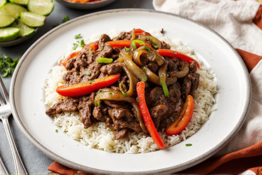 Finished plate of pepper steak with onions and peppers served over steamed white rice with garnish