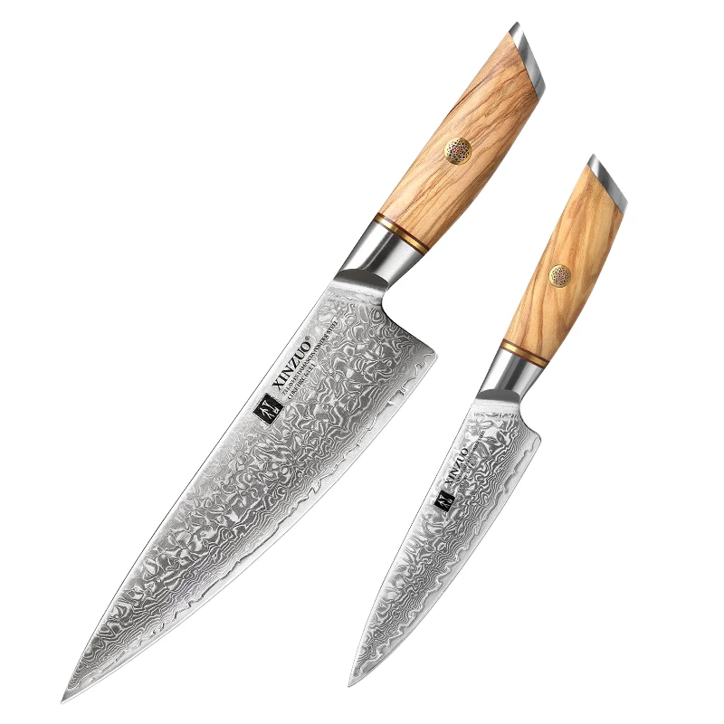 

XINZUO New Design Japanese S35VN Damascus Powder Steel 73 Layers Olive Wood Handle 2PCS Sharp Kitchen Chef Knife Set