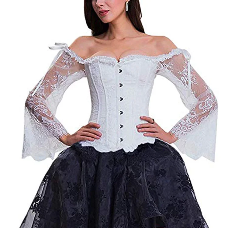 

Ecoparty Women's Princess Renaissance Corset Floral Ruched Sleeves Elegant Halloween Costume, Red,black,white