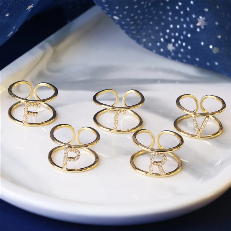 

Wholesale Fashion 26 Alphabet Letter Adjustable Rings New Design Initial M A N Gold Plated Rings For Men Women