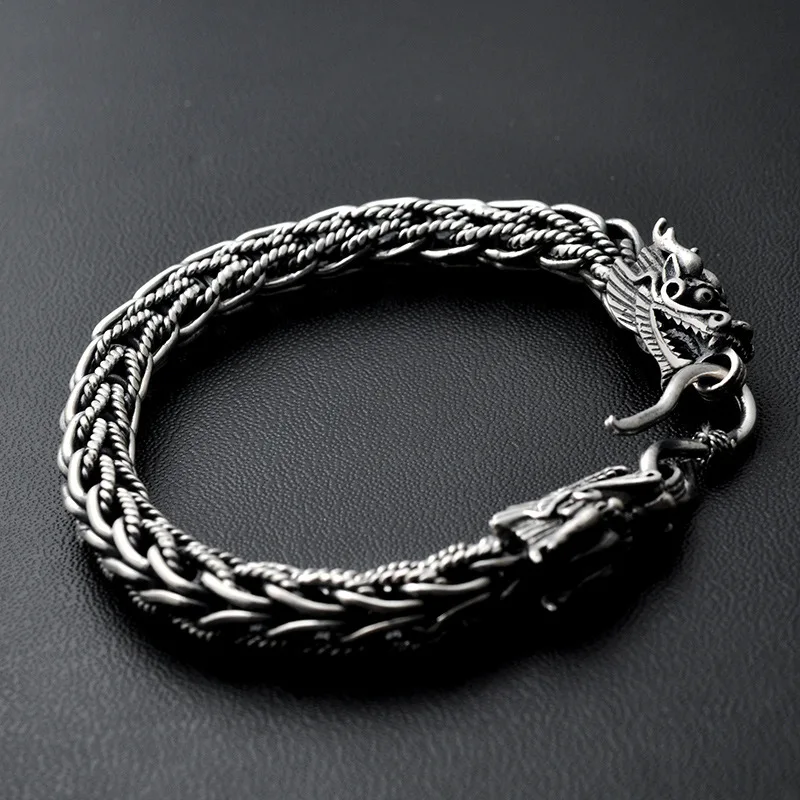 

Handmade Vintage Design 925 Silver Double Faucet Classical Style Trendy Animal Dragon Men's Bracelet