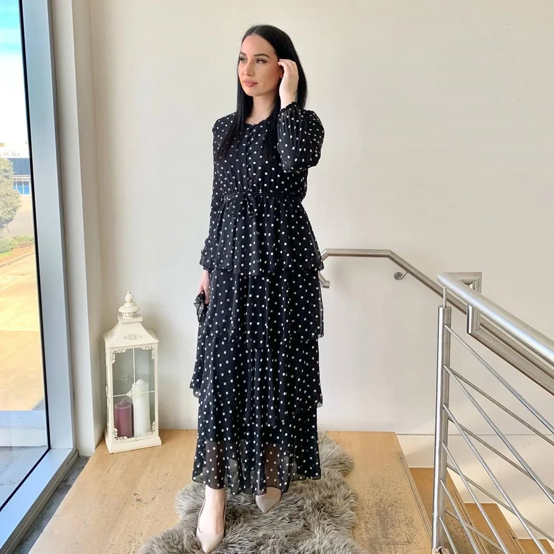 

2020 latest 3 layers of cake maxi abaya dress fashion chiffon polka dot maxi dress Dubai islamic long sleeve abaya dress