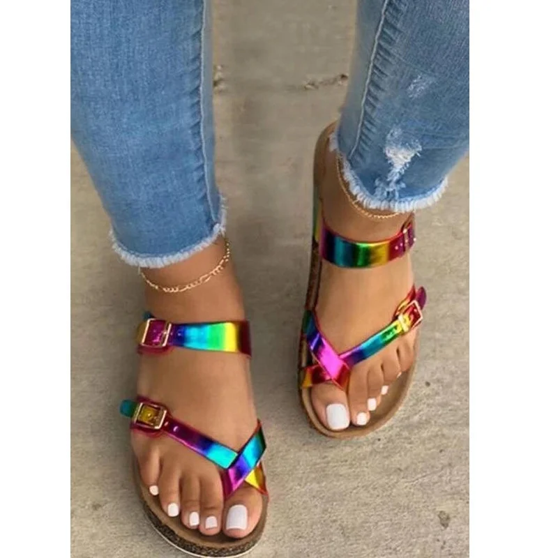 

Women Colorful Criss-Cross Buckle Strap Flat Sandals