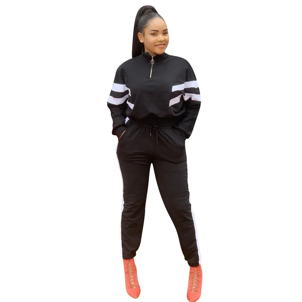 

2021 New Design Fashion Black Color Patchwork Casual Tracksuits Zip Up Pullover Hoodie Pants Two Piece Set Sports Wear for Women