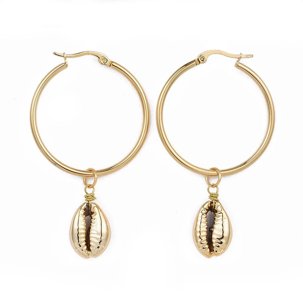 

PandaHall 304 Stainless Steel Cowrie Shell Beads Golden Hoop Earrings