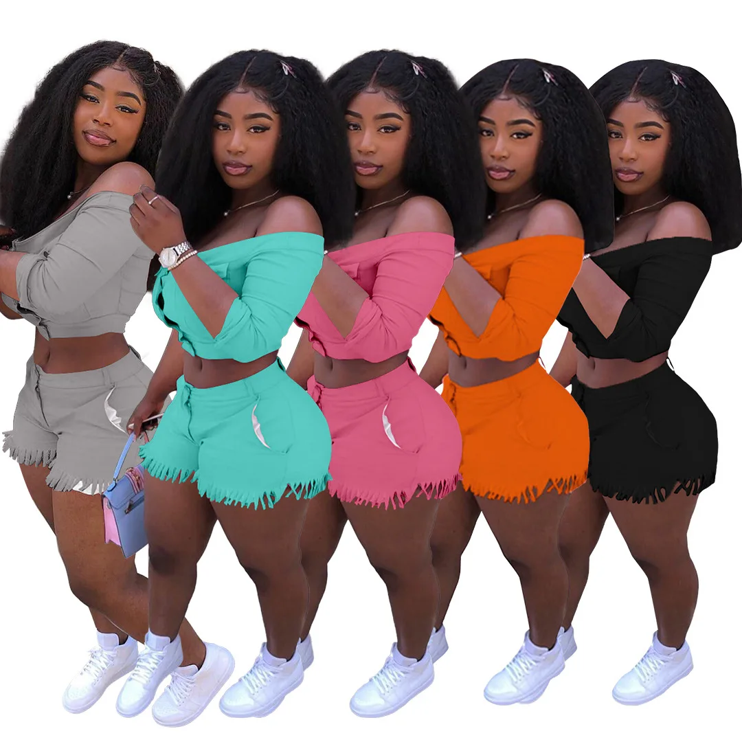 

Fashion Trendy Clothes Solid Color Off Shoulder Crop Tops Tassel 2 Piece Set Outfits For Women Two Pieces Short Pants Sets, Picture color