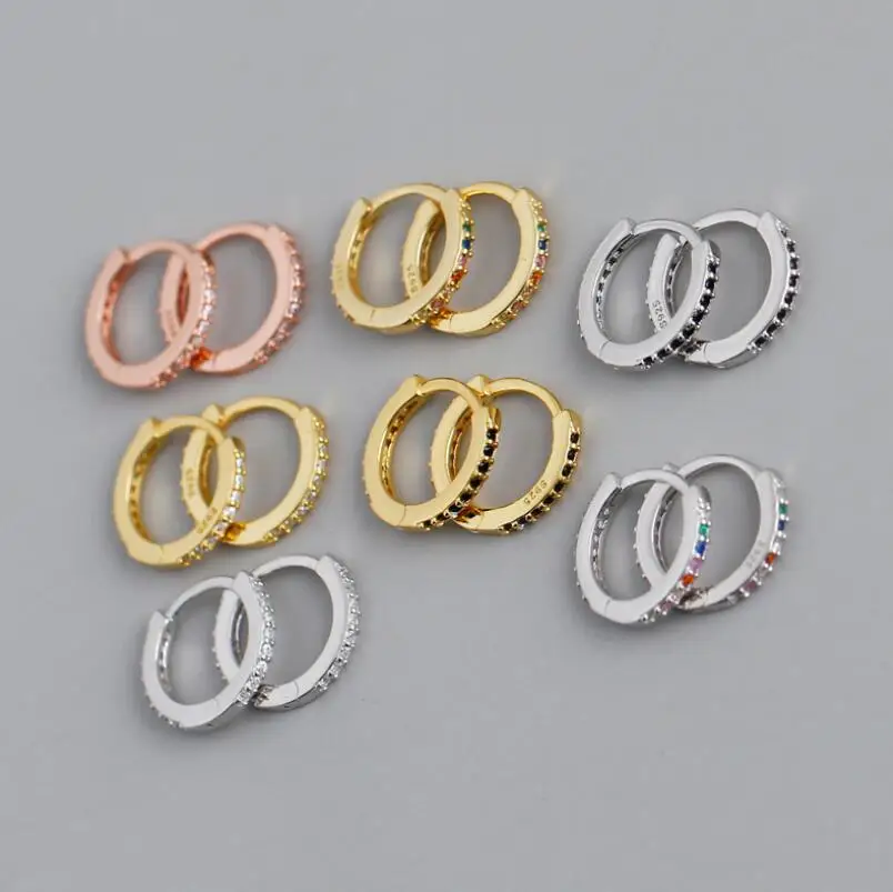 

9MM Modern Sterling Silver Jewelry Minimalist Mini Hoops Colored Stone CZ Zirconia Huggie Rainwbow Hoop Earrings