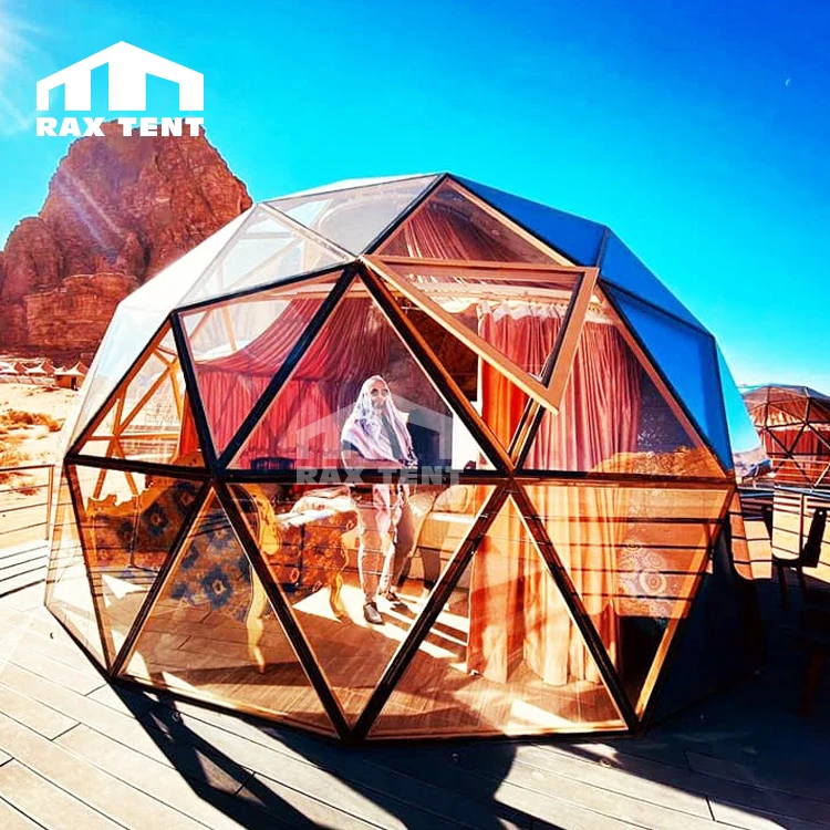 

RAX TENT Geodesic dome house with aluminum allor frame coated gold and covered with tempered glass for glamping hotel and resort, Blue