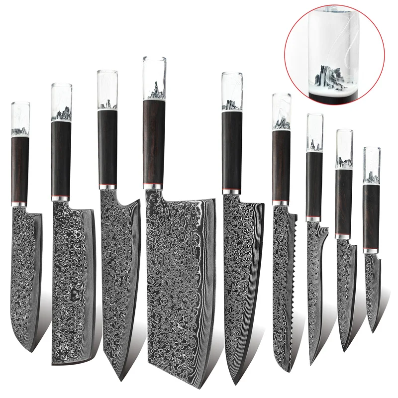 

2022 snow mountain style wholesale damascus steel fruits paring beef cutter steak multifunctional handicrafts chef knives sets, Silver