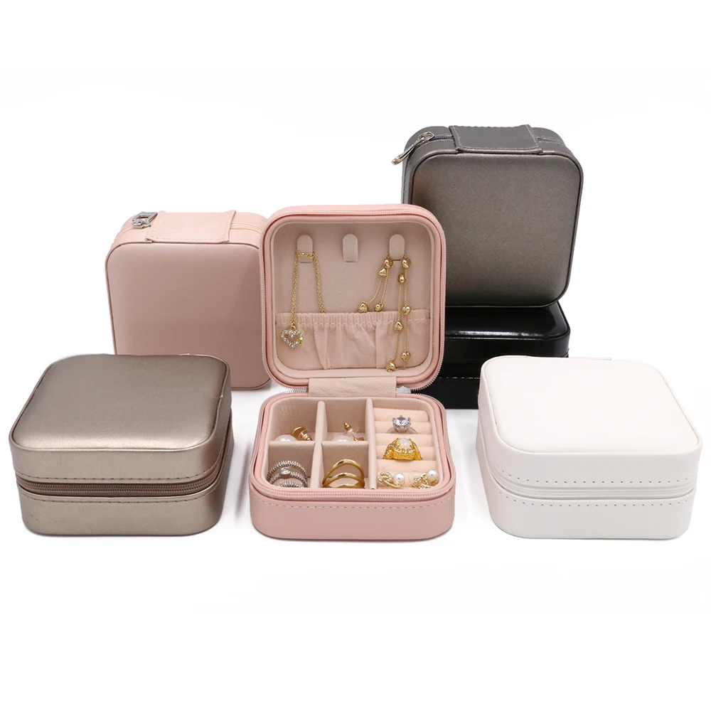

Custom Logo PU Leather Small Travel Jewelry Box Organizer Velvet Jewellery Storage Case for Ring Earring Necklace Gift Packaging