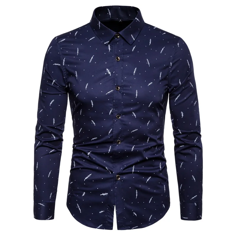 

2021 New Autumn Fashion Trend Small Feather Printed Business Cotton Men's Personalized Long-sleeve Shirt, Custom color