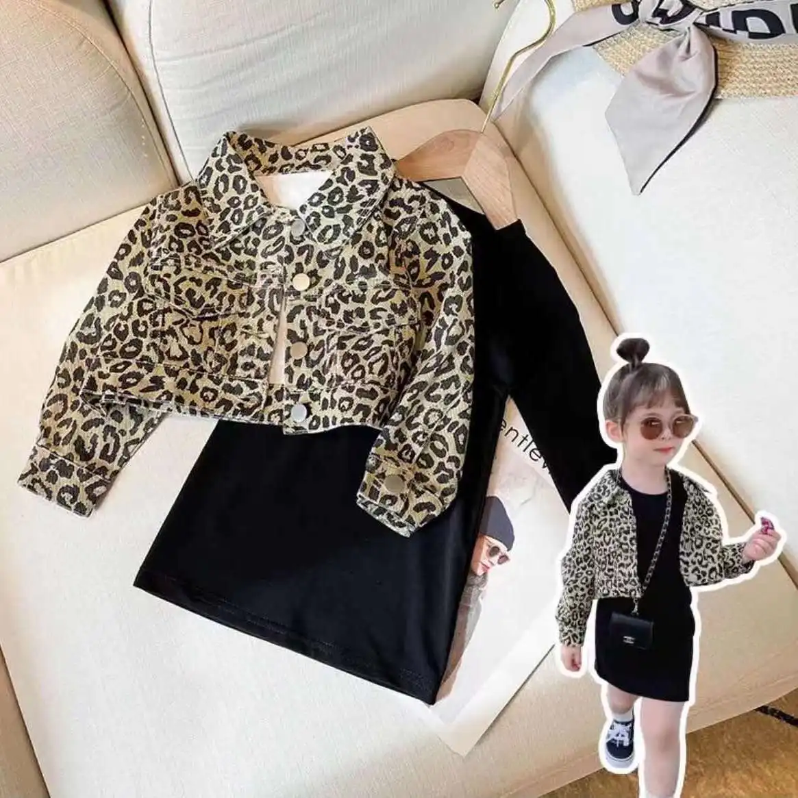 

Wholesale toddler girls clothing set solid long sleeve dress with leopard printed jacket 2 pcs Clothing set for kids, Picture shows