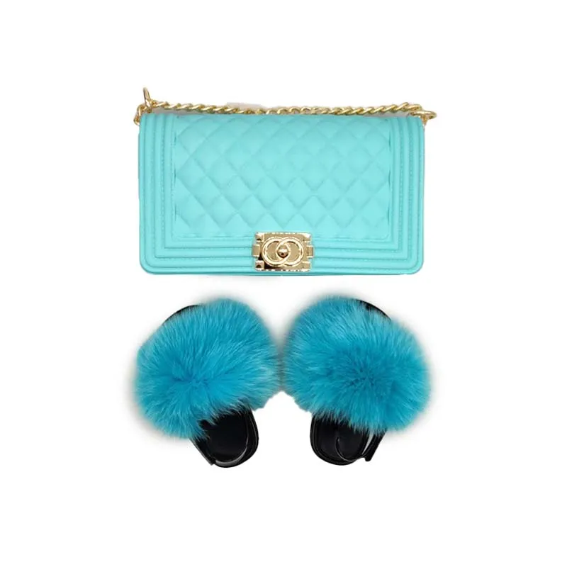 

Baby kids women furry fluffy large logo PVC sole real raccoon /fox fur slides sandals matching jelly handbag purse, Customized color