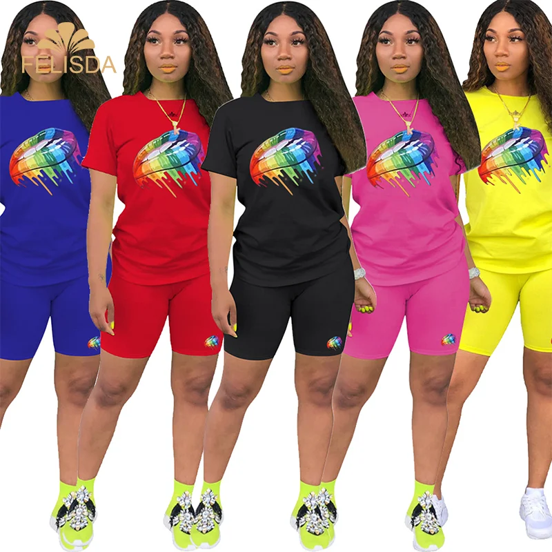 

2020 Two Piece Set Women Clothes Print T- Shirt & Biker Shorts Set Sweat Suits Lounge Wear Outfits 2 Sets Women Clothing