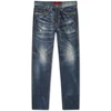 zipper fly distressed appearance four pocket set up woven brand tab denim jean for men