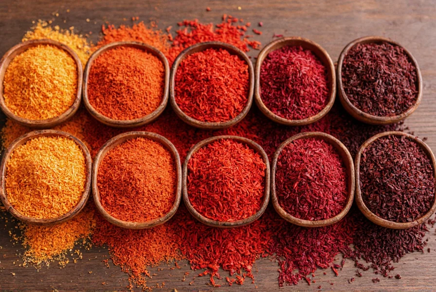 Comparison of different chili flake varieties in small bowls showing color variations from bright red to dark burgundy