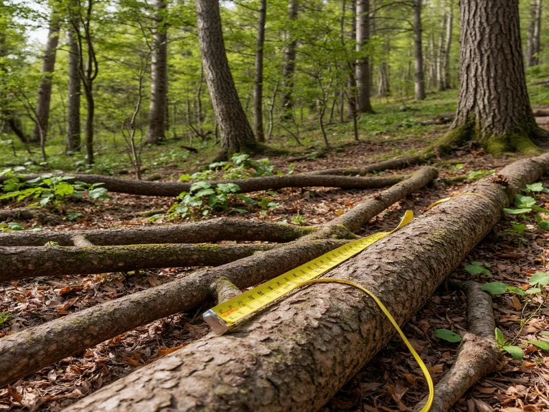 Ethical wood gathering: fallen branches in forest with measuring tape