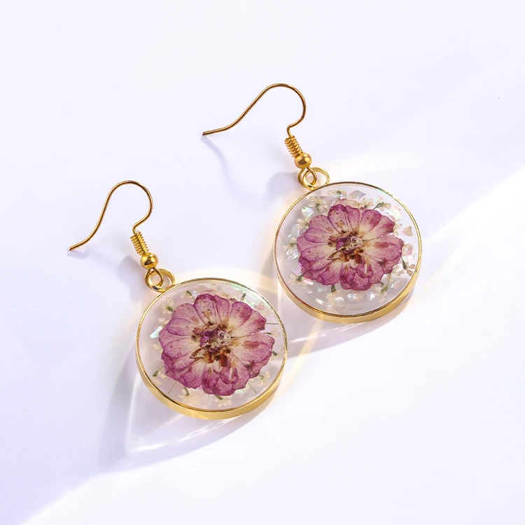 Hot Custom Cute Resin Real Flower Earrings Stainless Steel Round Shape Flower Earrings