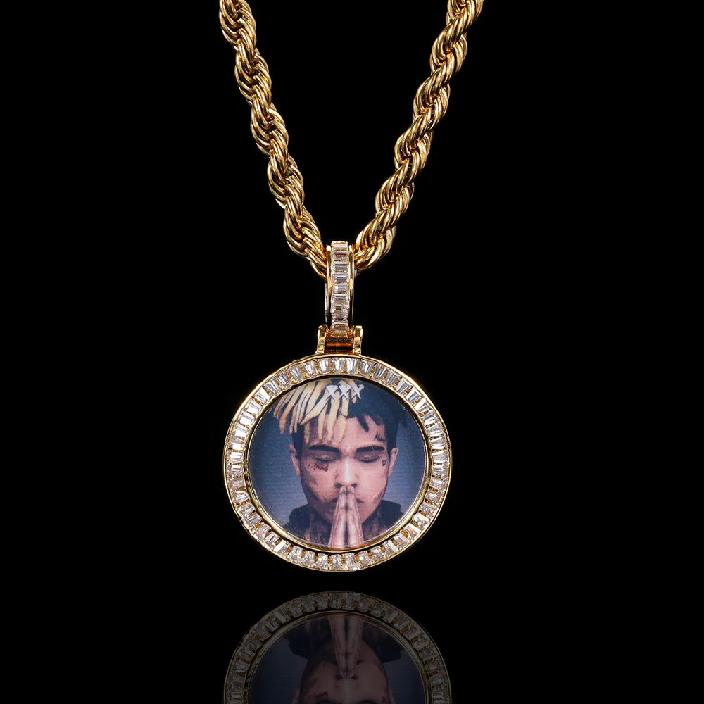 

2021 New Arrival Hip Hop Jewelry Iced Out 2 Rows Diamond Rotate Circle Photo Frame Custom Memory Photo Pendant Necklaces Chain