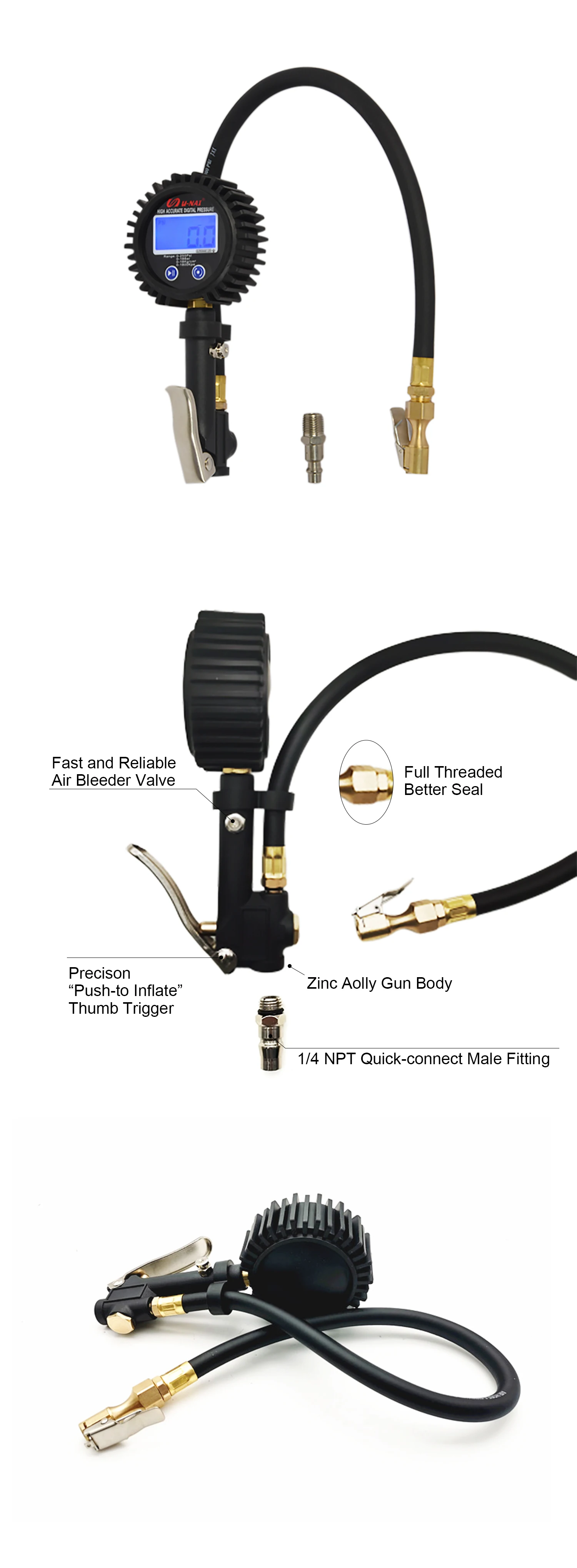255psi Tire Gauge Digital Heavy Duty Brass Air Chuck 3.5 Inch Tire