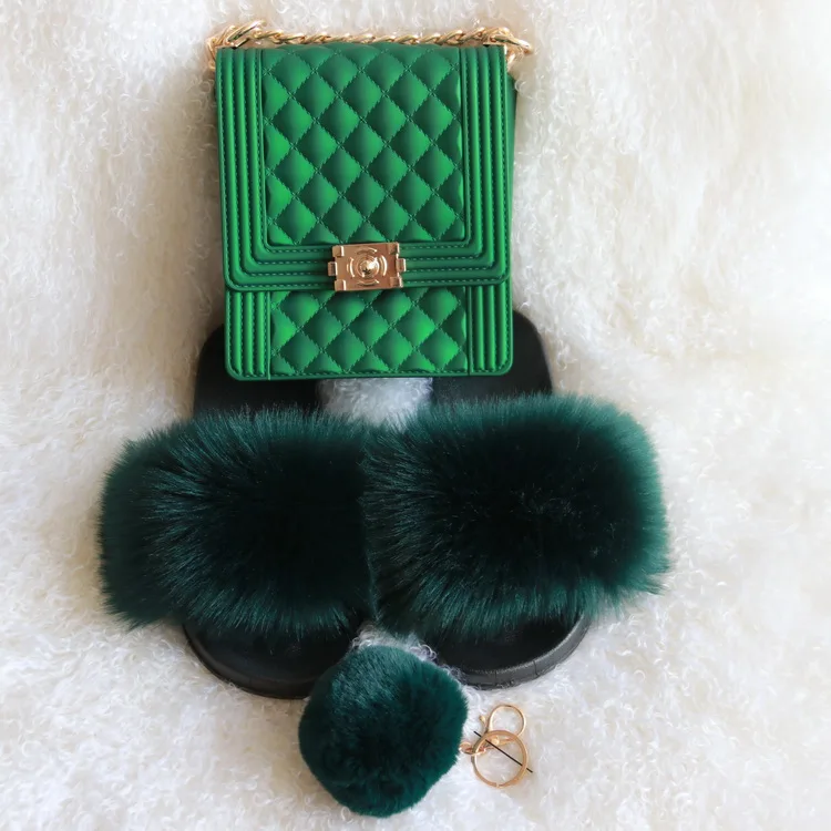 

green color jelly shoulder purse and fur slides set
