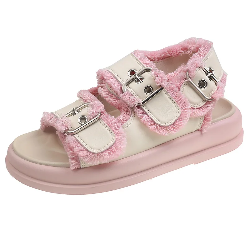 

Dropshipping Custom Logo Genuine Leather Furry Buckle Beach Sandals Flat Shoes Slides Luxury Design Sandals for Women and Ladies