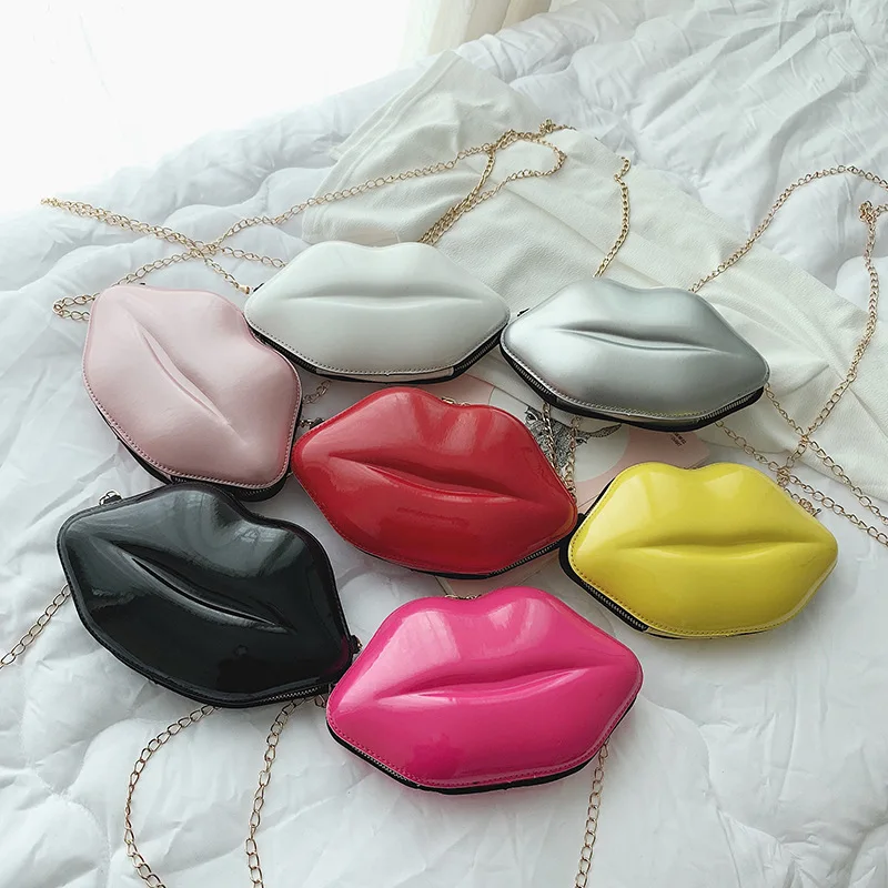 

New design lips shape cosmetic bag cute crossbody sexy hand bags for girls fashion chain shoulder lip purse wholesale lip bag, Black,white,yellow,red,pink,silver,rose red