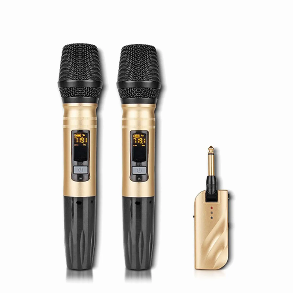 

Professional Dynamic UHF Wireless Microphone System for KTV Singing, Black,gold
