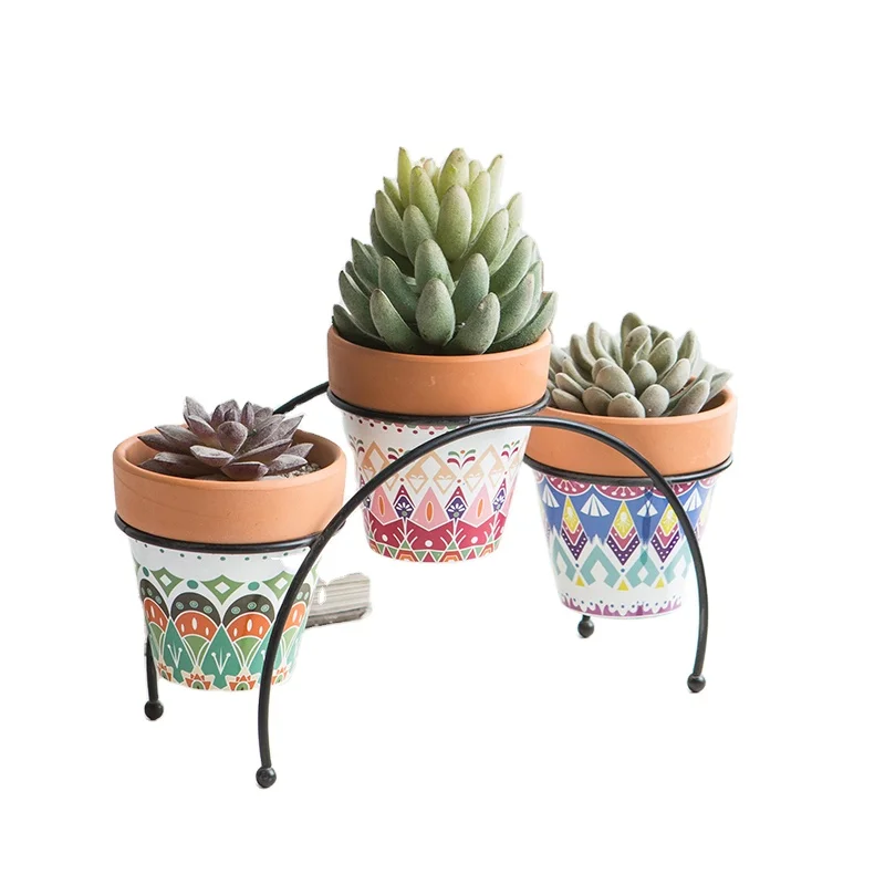 

Terracotta Pot Clay Pot Ceramic Pottery Planter Cactus Flower Bowl with Bridge Metal Stand Set of 3