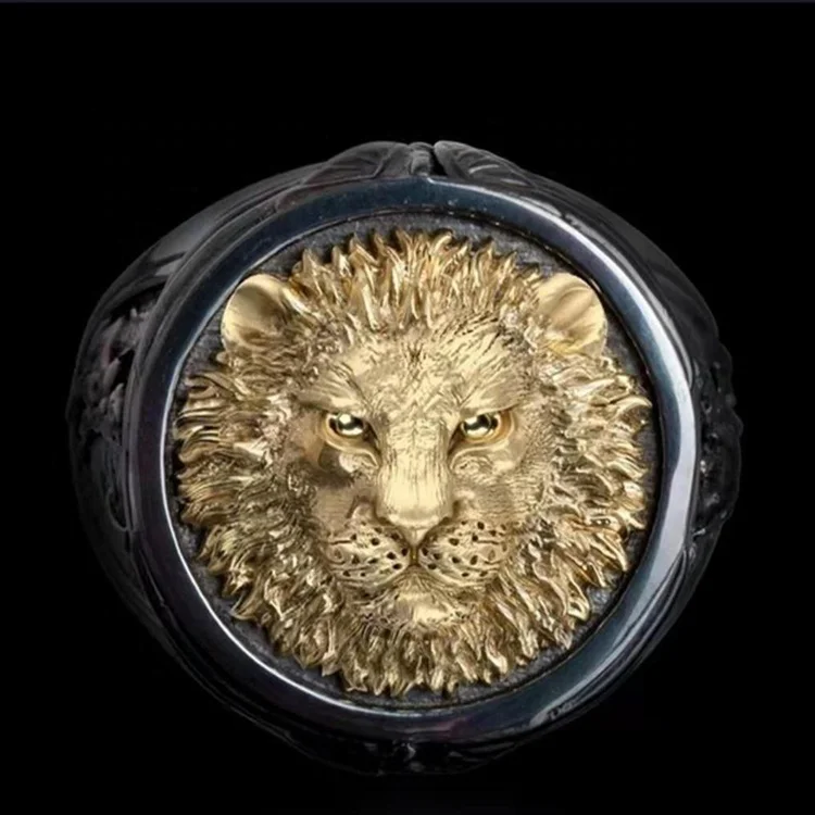 

Hip Hop Punk Black Gold Lion Head Finger Ring For Men, Picture shows