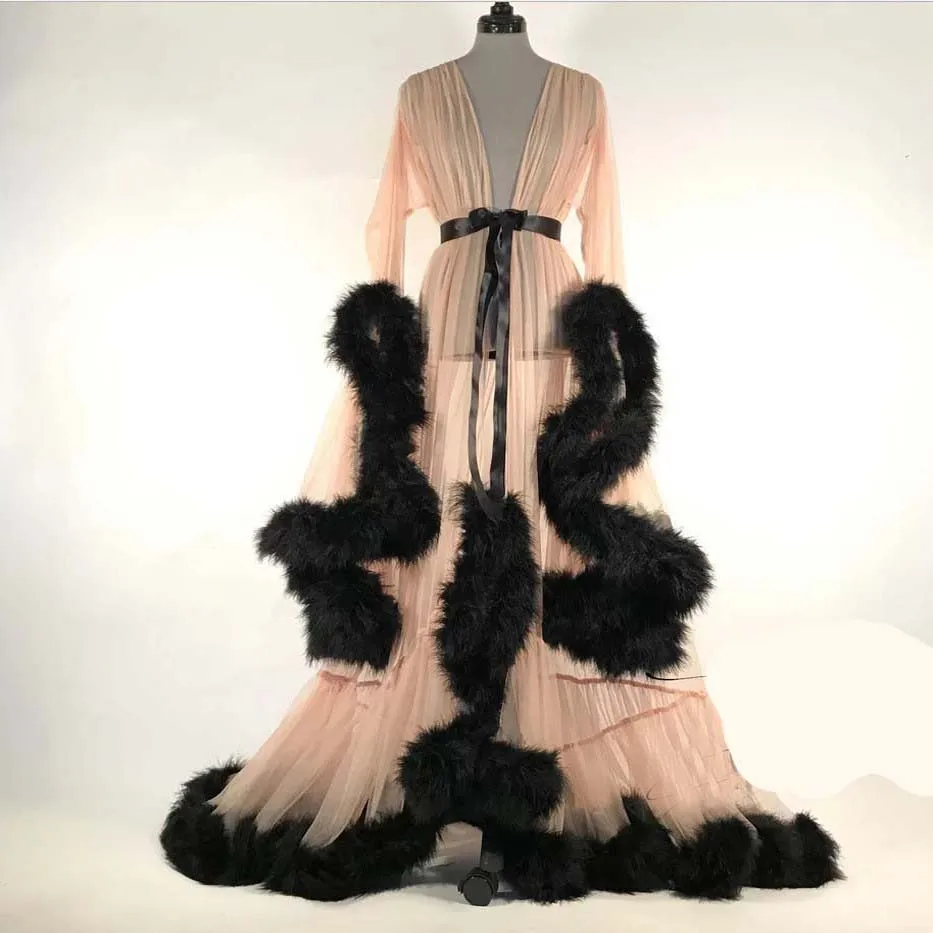 

Artificial Feathers Flare Dresses Long Sleeve Sexy Dress Nighty Clubs Dresses New Luxurious Pink Feather Bridal Robe, As picture