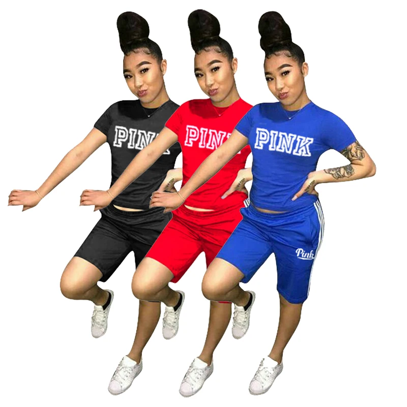 

HGL1319 2021 new arrival summer ladies sets short sleeves solid color letter printed outfit sweatsuit women 2 piece sets, Black/blue/red