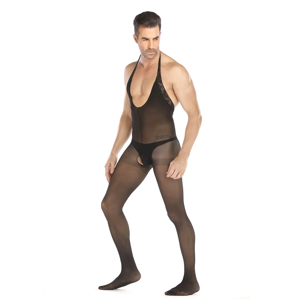 

WN190005 Amazon Male Lingerie Japanese Black Tank Tops Halter Open Jumpsuit Bodystockings for Men in Sexy Silk Stockings
