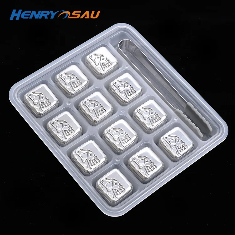 

12pcs Whiskey Stones Skull Stainless Steel Whiskey Rocks Skull Chillers Set of 12, Sliver, gold