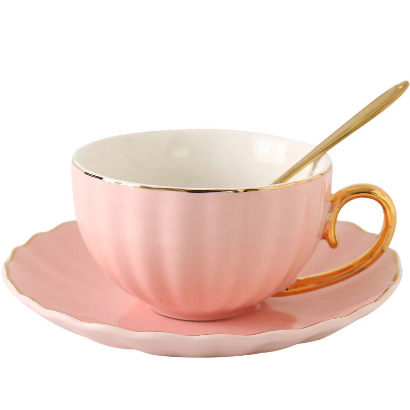 

Wholesale 8oz 250ml Pumpkin Shape Reusable Cheap Ceramic Coffee Tea Cups and Saucer Set, Pink,blue,white,purple,yellow
